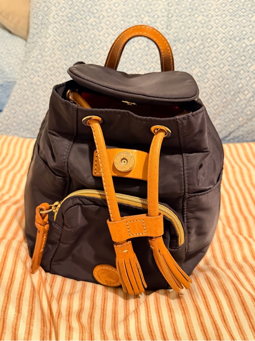 Dooney & Bourke Navy Blue Nylon Backpack with Tan Leather Trim